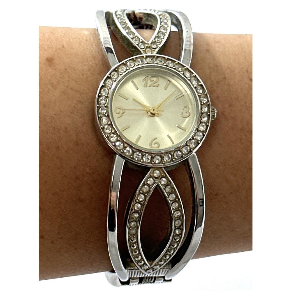 Vintage Silver-Tone Cuff Bracelet Watch with Rhinestones – Japan Movement Works - Picture 7 of 7